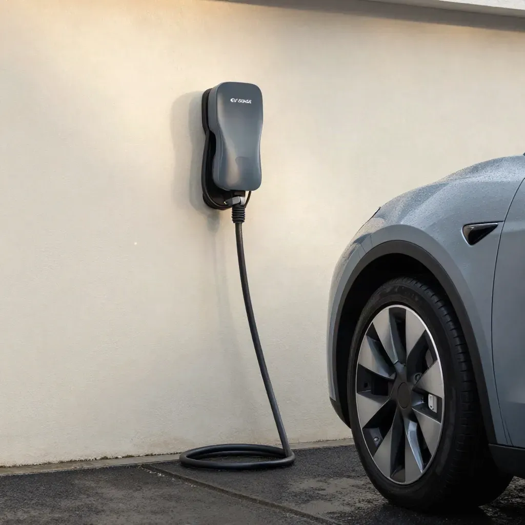 Weatherproof EV charger on a garage wall with wet driveway and a parked EV wheel arch in drizzle.