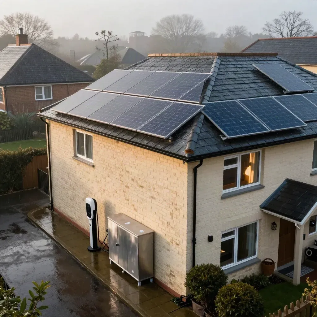 Rainy London home with solar panels, battery cabinet and EV charger at dawn