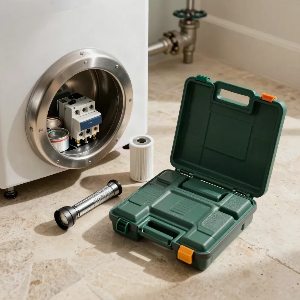 Plant-room service kit beside a boiler-room hatch on pale stone, lit by warm window light.
