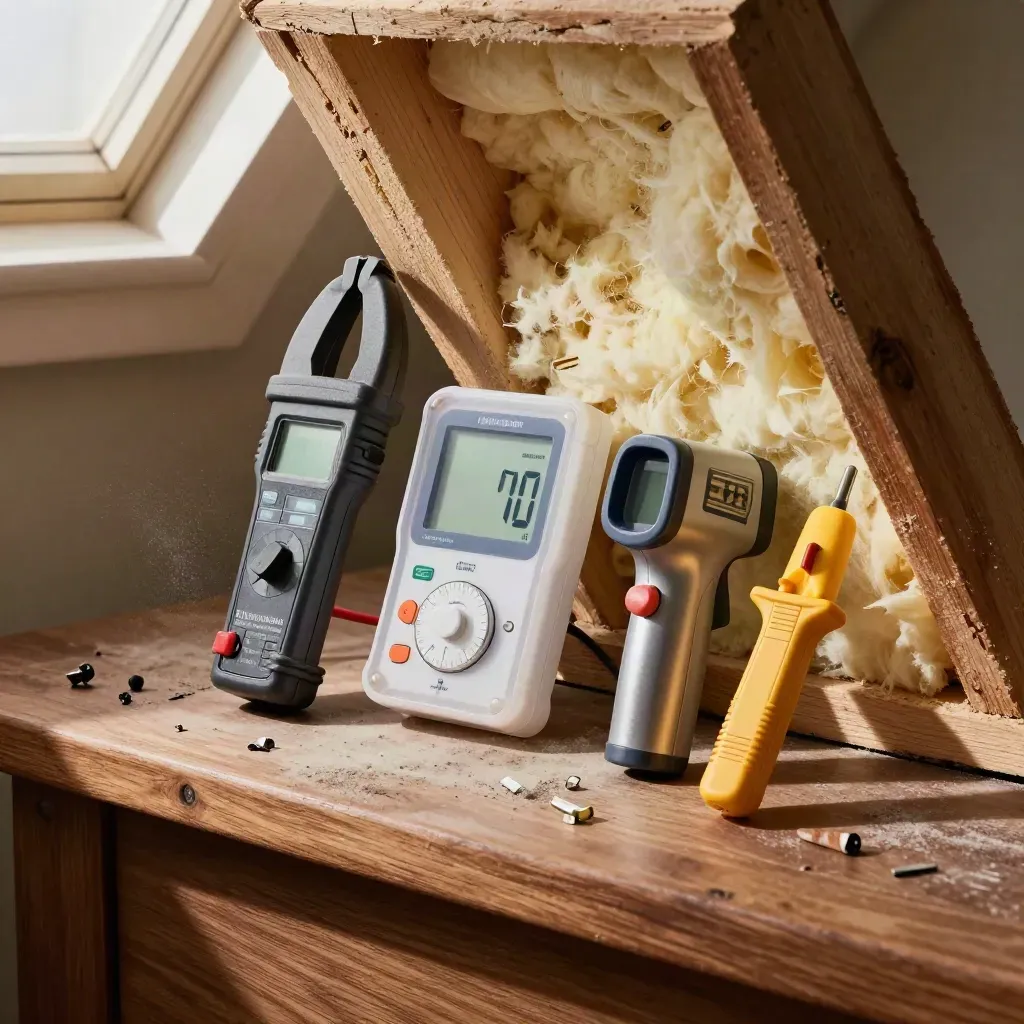 Loft survey tools clustered by an open attic hatch in dramatic daylight