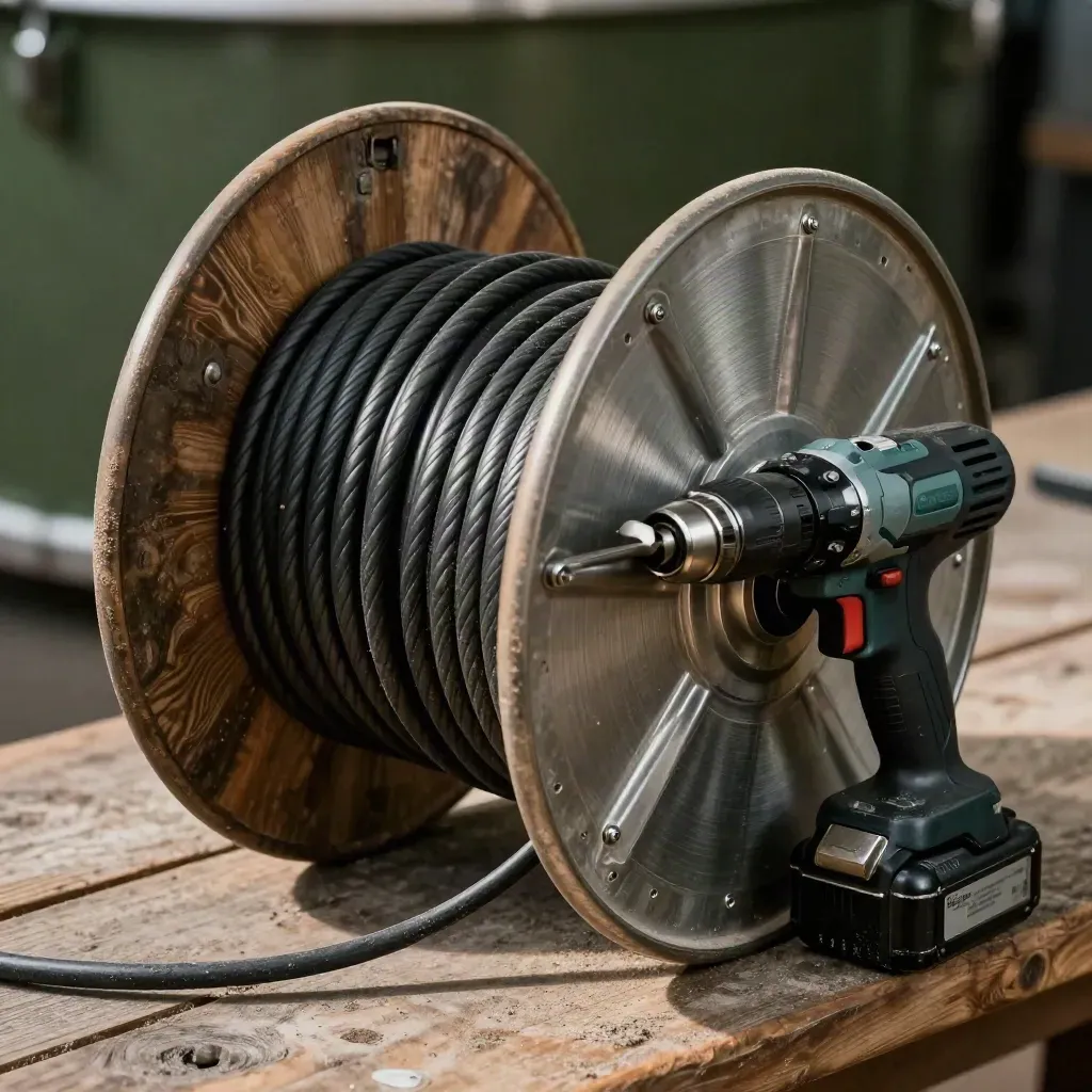 Cable drum, conduit bends, fixings and battery pack on a dusty timber bench.