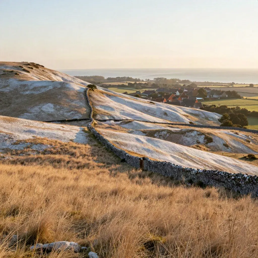 Golden South East England chalk downs with brick rooftops in warm haze and open foreground.